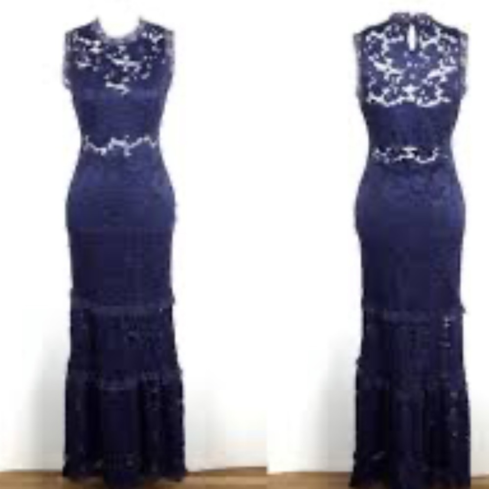 Vtg Venus Lace Sheer Maxi Dress Size XS Ruffle Tiered Bodycon Column Fitted Blue